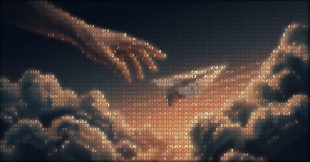 ASCII art render of the Creation of Adam — two hands reaching toward each other, one human, one digital
